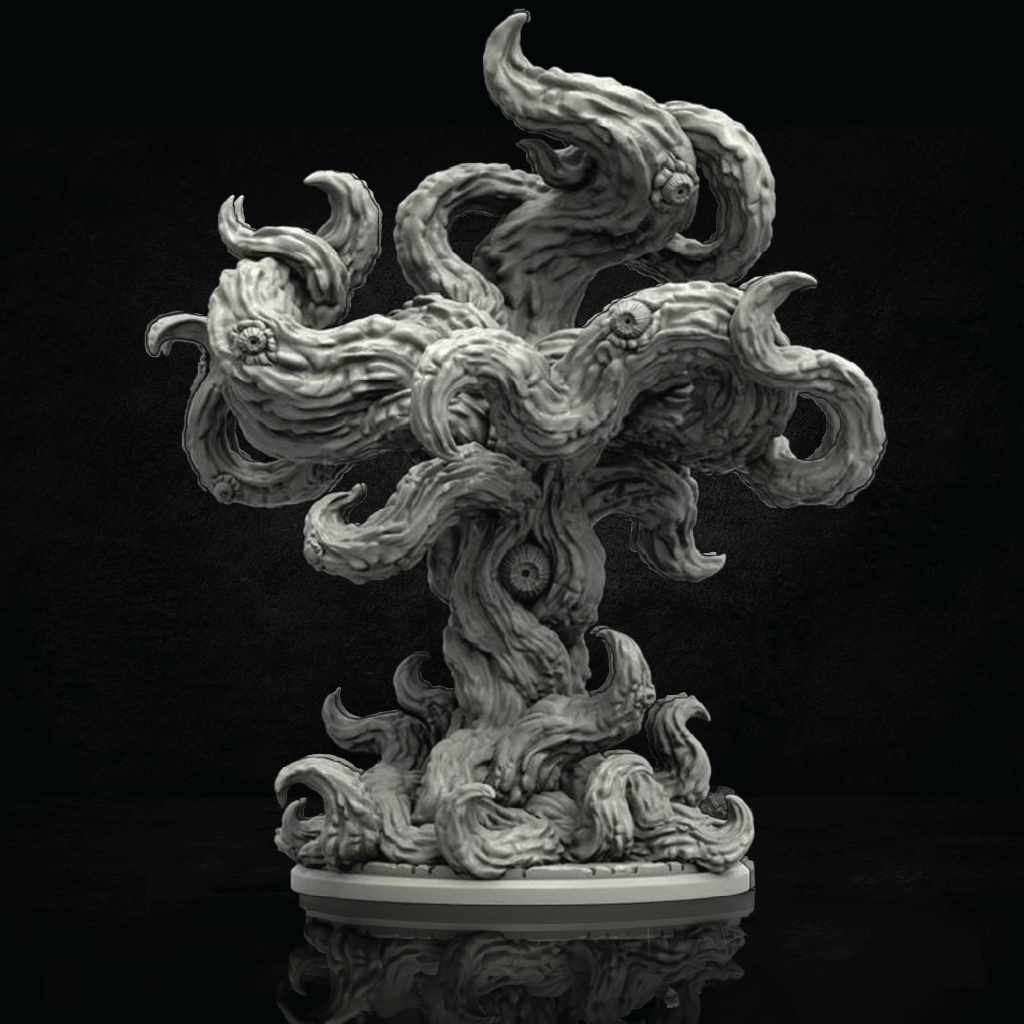 A gray 3D-printed miniature figurine of a gnarled, twisted tree stump with multiple curling branches and roots, standing on a circular base against a black background.