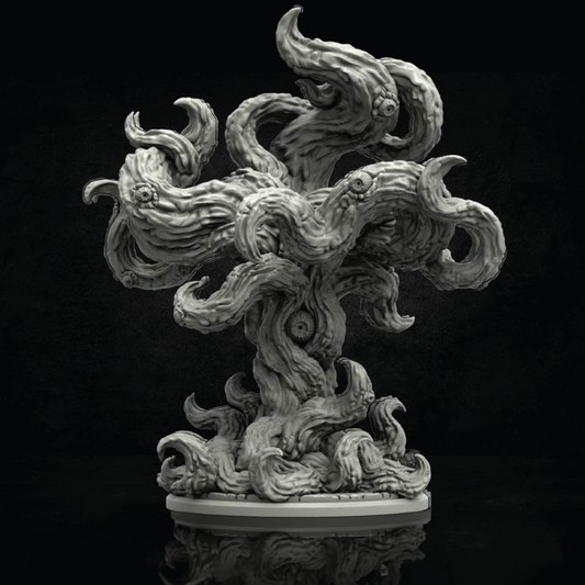 A gray 3D-printed miniature figurine of a gnarled, twisted tree stump with multiple curling branches and roots, standing on a circular base against a black background.
