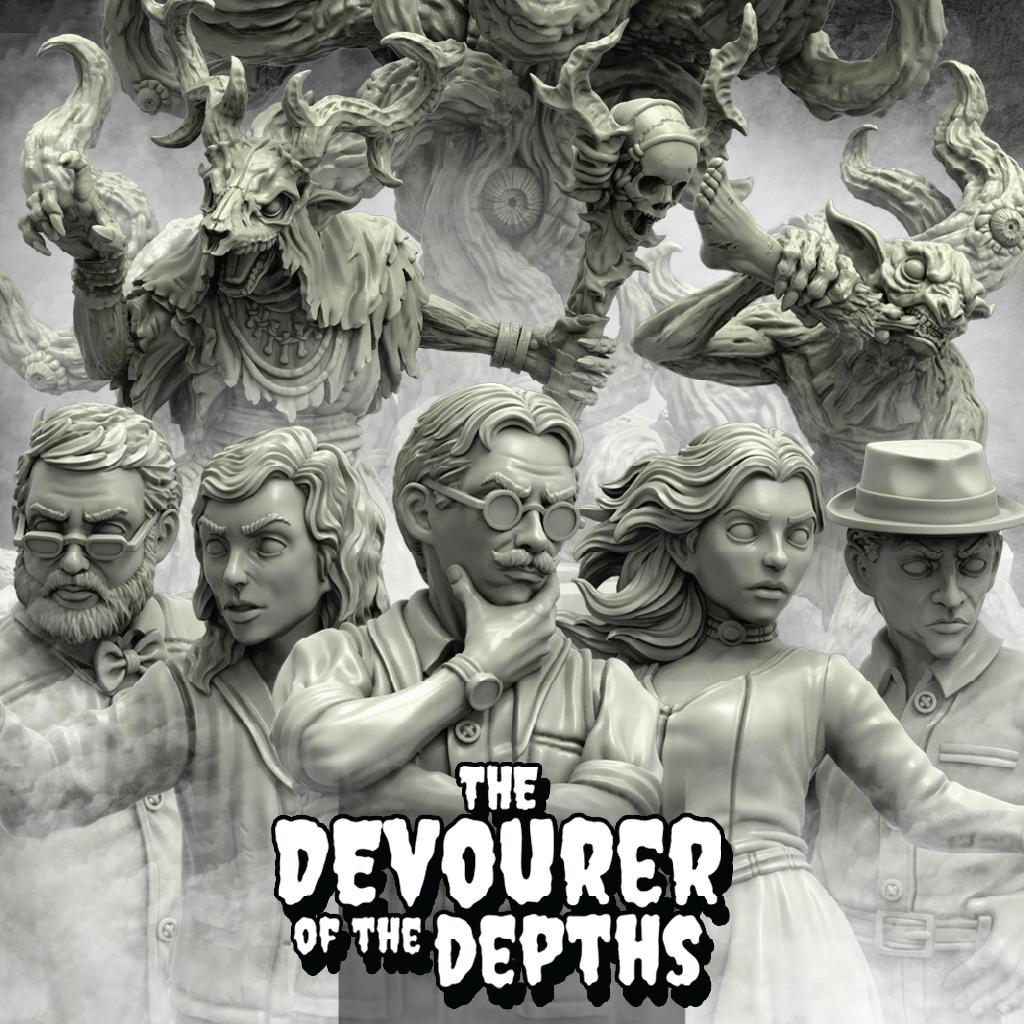 A monochrome promotional collage for a fantasy tabletop gaming product. The lower portion shows five unpainted character miniatures in front of a smoky background with monstrous figures.