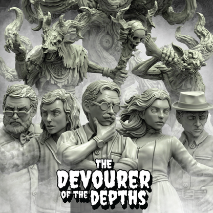 A monochrome promotional collage for a fantasy tabletop gaming product. The lower portion shows five unpainted character miniatures in front of a smoky background with monstrous figures.
