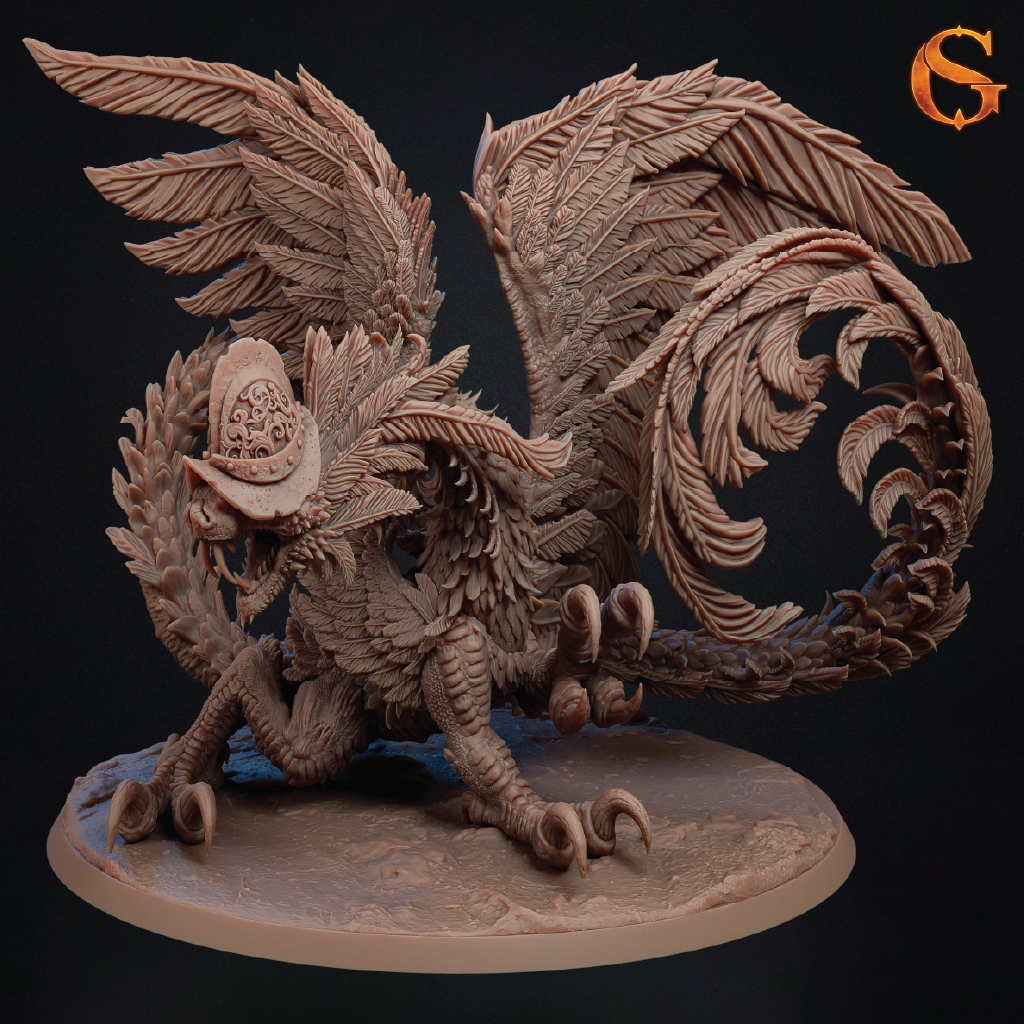A detailed fantasy creature figurine or miniature sculpture with large feathered wings, a long curled tail, clawed legs, and a small hat, shown on a round base against a dark background. A stylized orange 'SG' logo appears in the top-right corner.