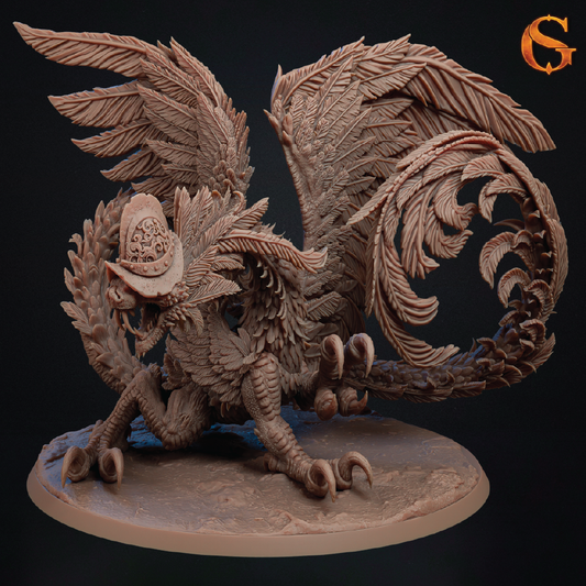 A detailed fantasy creature figurine or miniature sculpture with large feathered wings, a long curled tail, clawed legs, and a small hat, shown on a round base against a dark background. A stylized orange 'SG' logo appears in the top-right corner.