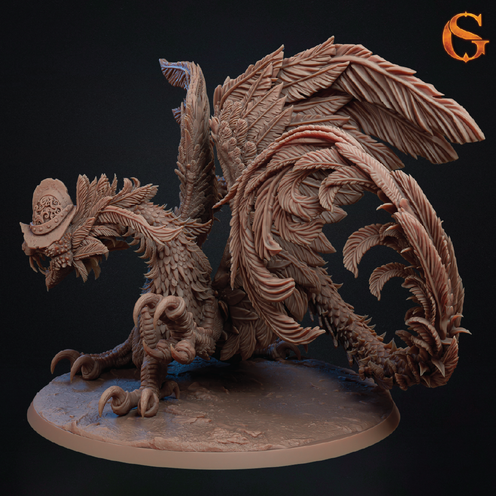 A detailed fantasy creature figurine or miniature sculpture with layered feathers, curved horns, and a small hat, shown on a round base against a dark background. A stylized orange 'G' logo appears in the top-right corner.