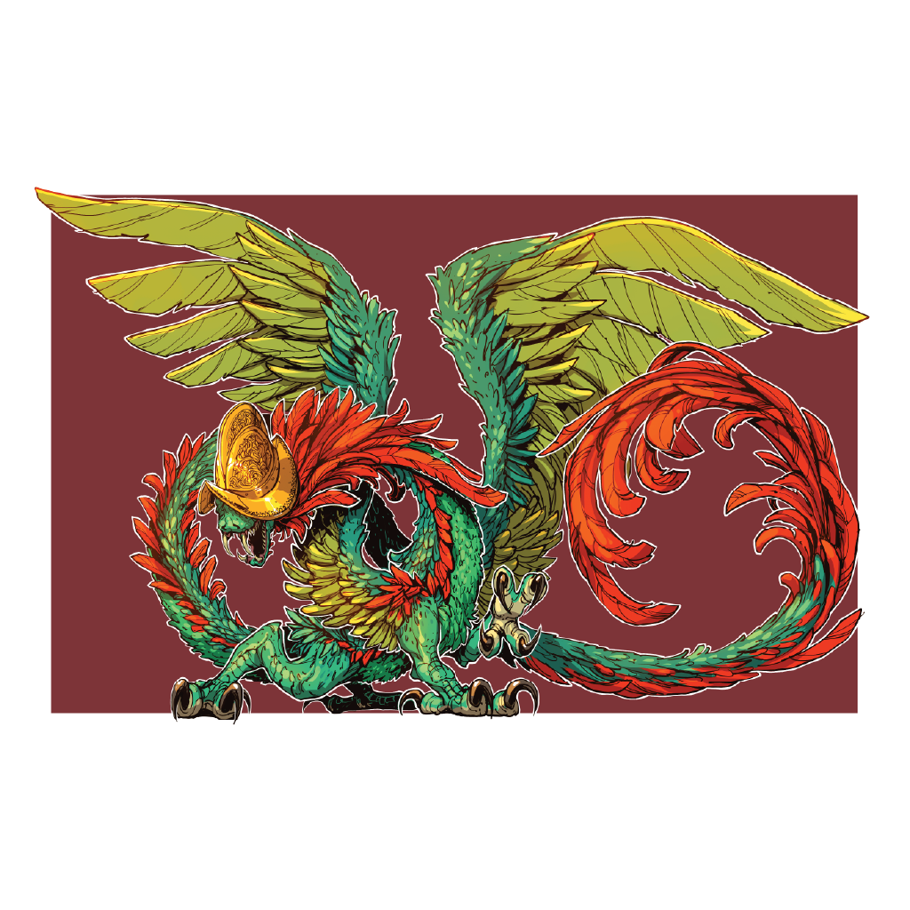 A stylized fantasy illustration of a winged serpent-like creature with green and red scales, yellow wings, and a gold crest, centered on a dark red rectangular field with a white border around the artwork.