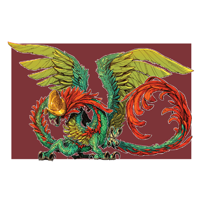A stylized fantasy illustration of a winged serpent-like creature with green and red scales, yellow wings, and a gold crest, centered on a dark red rectangular field with a white border around the artwork.