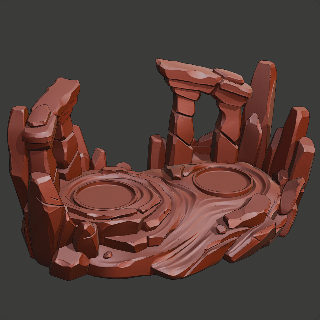 A 3D digital render of a fantasy stone platform or miniature terrain piece, featuring reddish-brown rock formations, circular stone plazas, and tall jagged cliffs, shown against a solid dark gray background.