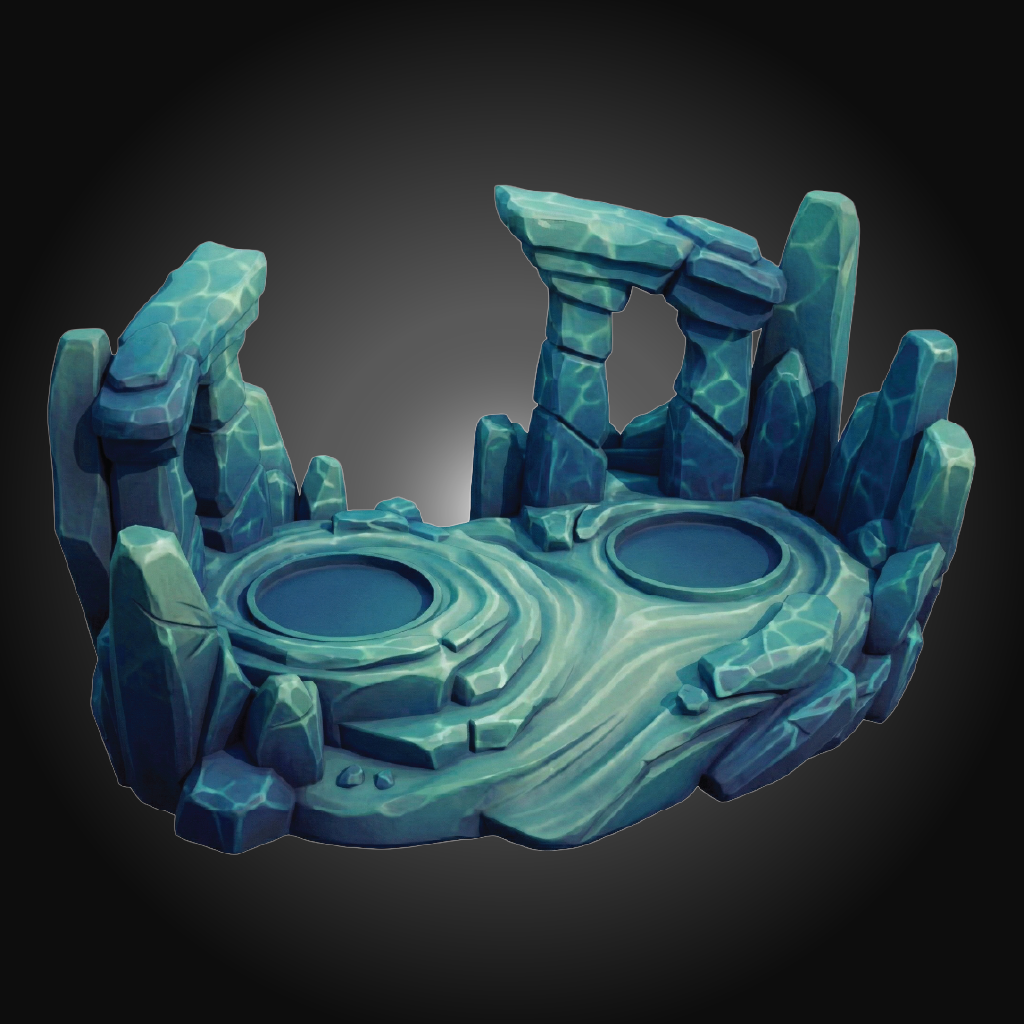 A fantasy rock-themed tabletop terrain piece featuring two circular pools and jagged stone pillars, rendered in shades of teal and blue on a dark gray gradient background.