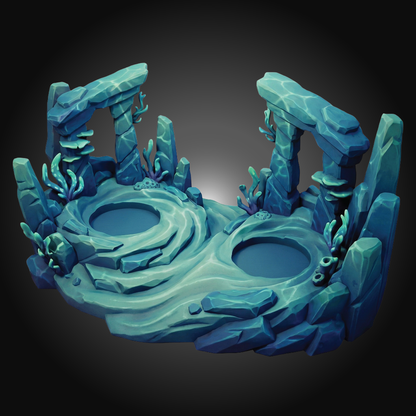 A stylized low-poly blue and teal rocky landscape backdrop with two circular water pools and coral-like details, shown on a dark gradient background.