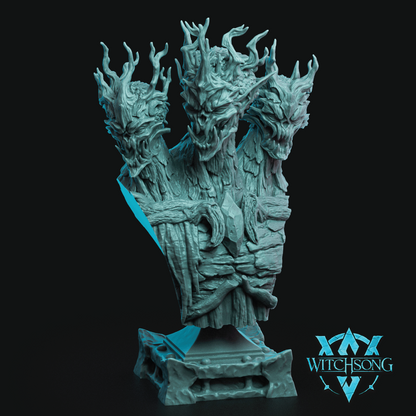 3D render of a bust of a multi-headed dryad monarch wielding stone weapons