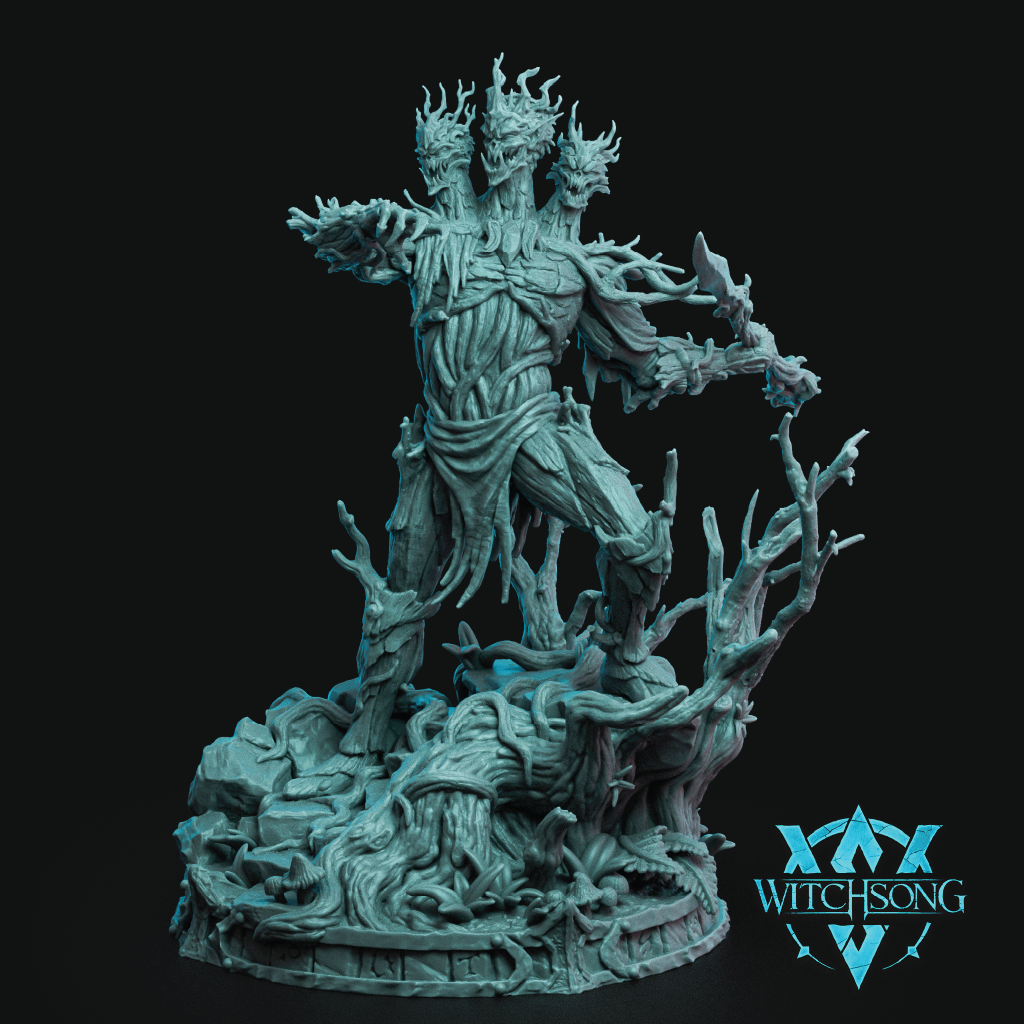 3D render of a multi-headed dryad monarch wielding stone weapons