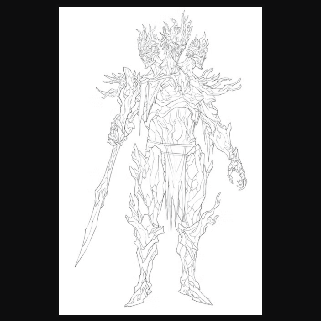 Concept art of a multi-headed dryad monarch wielding stone weapons