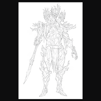 Concept art of a multi-headed dryad monarch wielding stone weapons