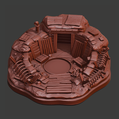 A 3D-rendered miniature terrain piece depicting a ruined stone and wood structure with a circular opening, rendered in a uniform reddish-brown color on a dark gray background.