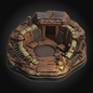A highly detailed miniature diorama of a circular trench or fort, featuring weathered brown wood, olive green sandbags, and a small glowing lantern, set against a dark gradient background.