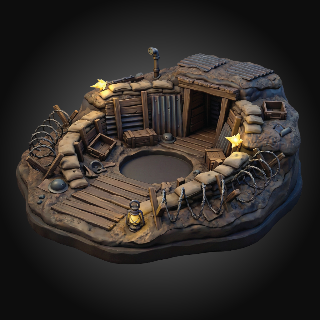 A miniature diorama model of a circular trench or fort with wooden walls, sandbags, barbed wire, crates, and glowing lanterns, shown on a dark gradient background.