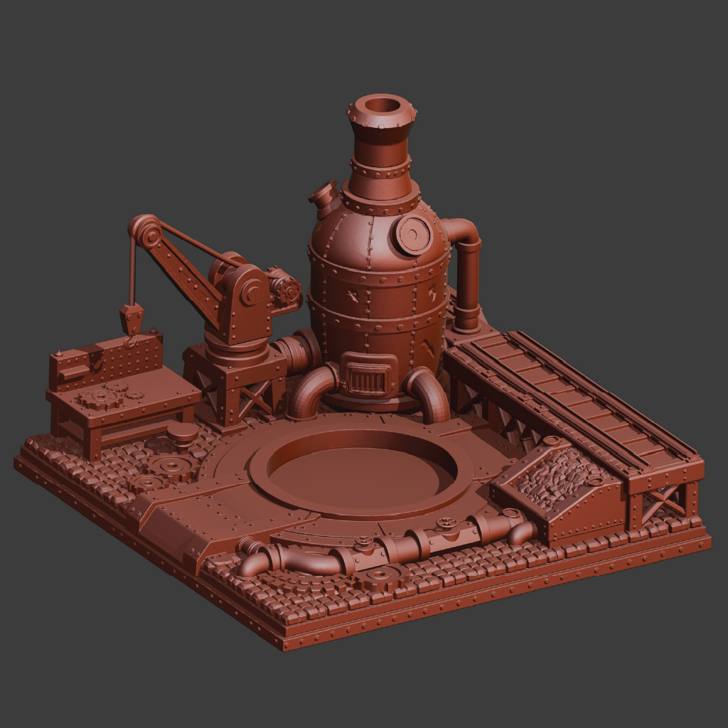 Brown industrial model with pipes and machinery on a dark gray background
