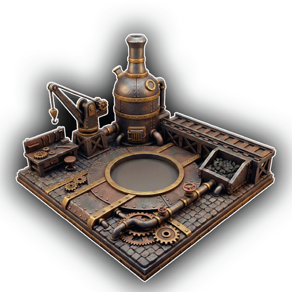 Steampunk-style laboratory setup with a large bottle, gears, and mechanical components on a white background.