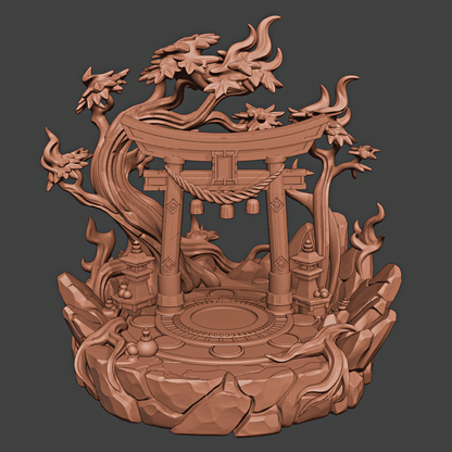 Wooden carvings of a traditional Japanese torii gate and landscape on a dark background