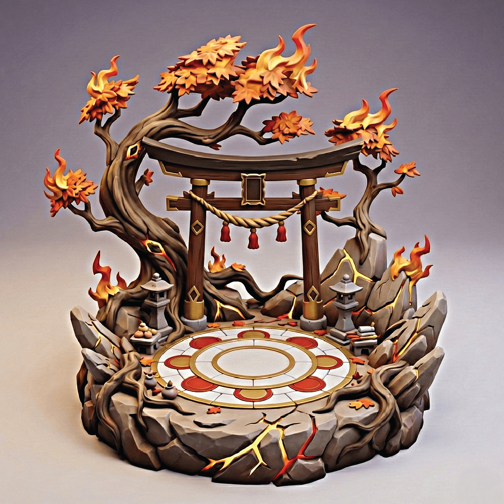Decorative sculpture with a torii gate, flames, and a circular design on a gray background