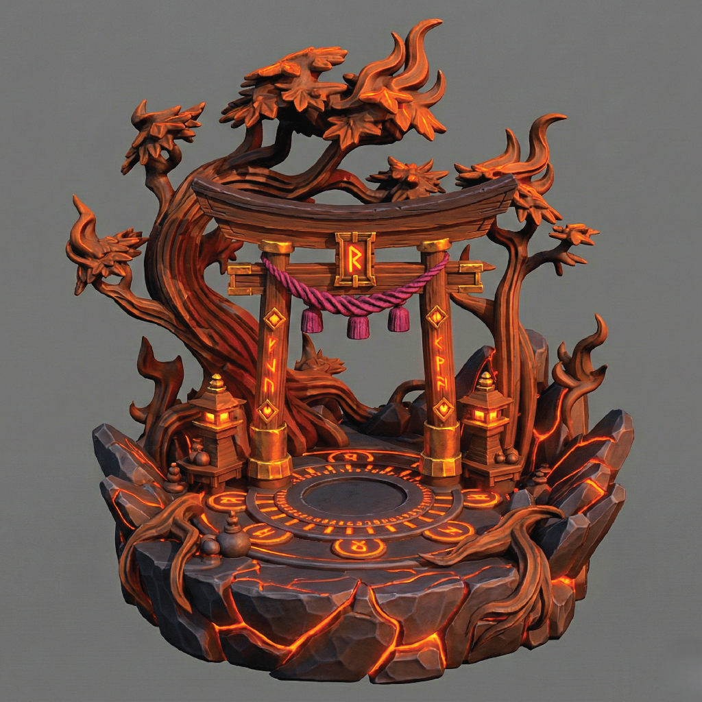 Wooden temple-like structure with intricate designs on a gray background