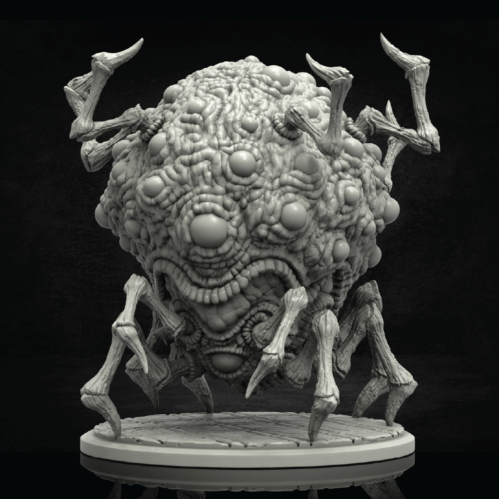 A gray 3D-rendered monster sculpture with a highly textured, bumpy spherical body, multiple eyes, a wide toothy mouth, and several spindly legs, shown on a circular base against a black background.