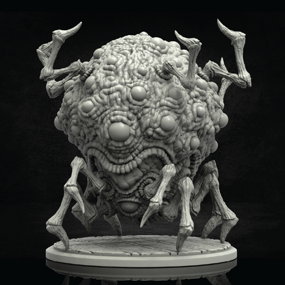 A gray 3D-rendered monster sculpture with a highly textured, bumpy spherical body, multiple eyes, a wide toothy mouth, and several spindly legs, shown on a circular base against a black background.