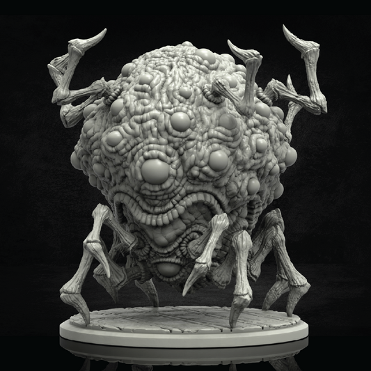 A gray 3D-rendered monster sculpture with a highly textured, bumpy spherical body, multiple eyes, a wide toothy mouth, and several spindly legs, shown on a circular base against a black background.
