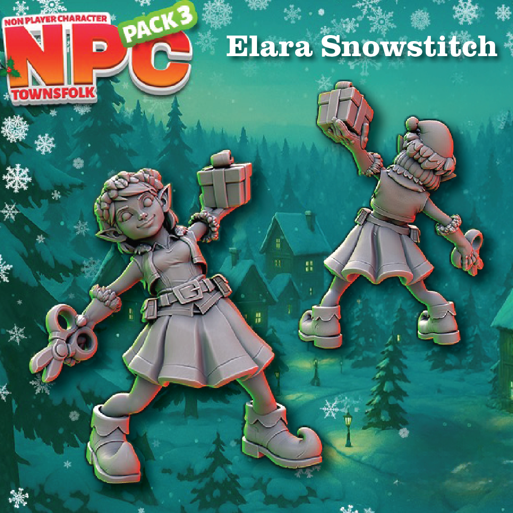 Promotional artwork for an NPC character pack showing two 3D-rendered fantasy snowgirl NPCs in winter clothing against a snowy village background. Large text reads 'NPC Townsfolk Pack 3' and 'Elara Snowstitch.