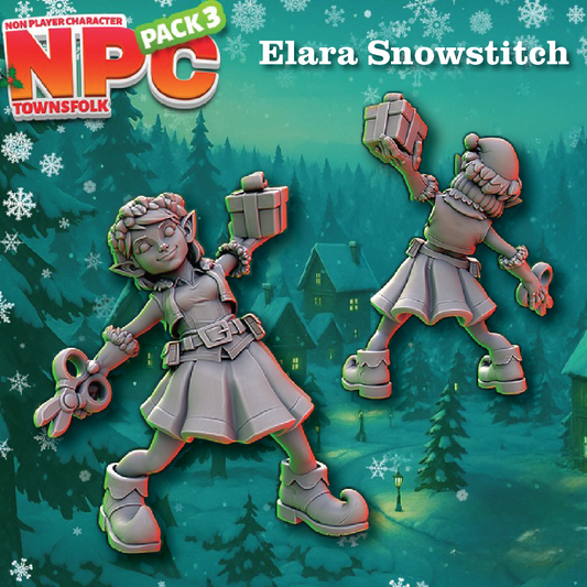 Promotional artwork for an NPC character pack showing two 3D-rendered fantasy snowgirl NPCs in winter clothing against a snowy village background. Large text reads 'NPC Townsfolk Pack 3' and 'Elara Snowstitch.