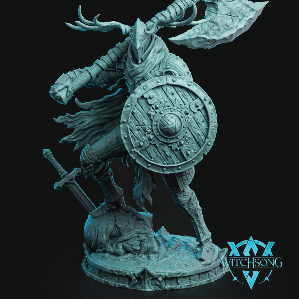 A detailed fantasy warrior miniature figurine in a uniform light blue-gray resin, featuring a horned figure with a shield, sword, and antlered helmet, set against a dark background with a Witchsong logo in the corner.