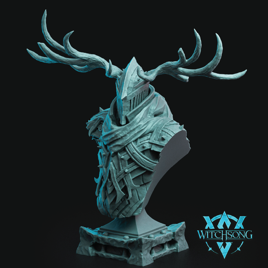 Fantasy bust sculpture of a horned warrior with antlers, rendered in a pale icy blue-green color on a dark background, with the Witchsong logo in the lower right corner.