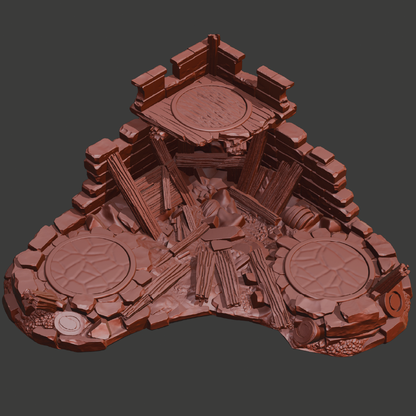 A 3D isometric render of a triangular miniature terrain piece depicting a ruined stone structure, with circular stone floors, broken pillars, and debris, in a uniform reddish-brown color on a dark gray background.