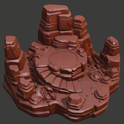A 3D-rendered rocky desert platform with layered sandstone towers, a circular central plaza, and small sculpted details, shown on a dark gray background.