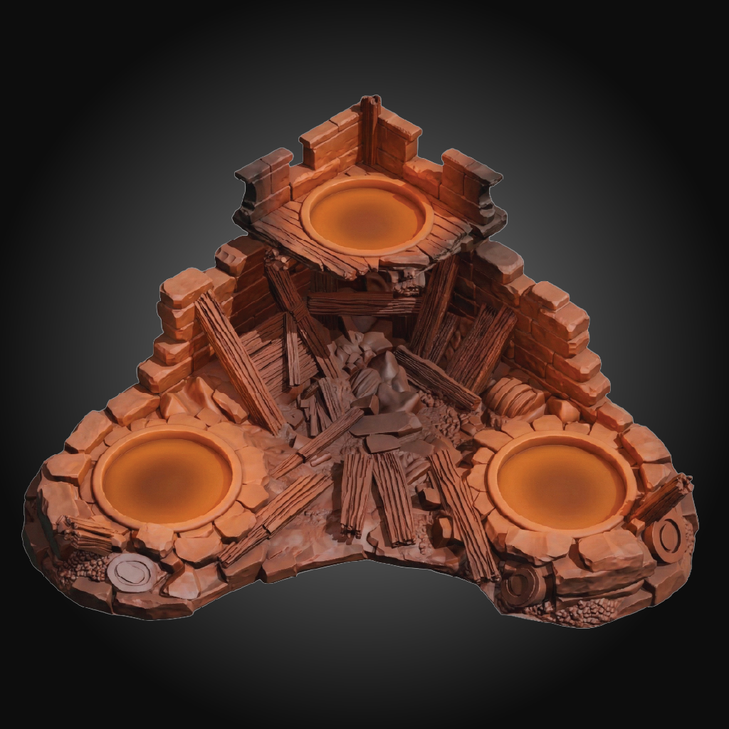 A 3D-printed miniature terrain piece shaped like a triangular stone structure with three circular glowing orange pools, resembling a fantasy altar or trap platform, shown on a dark vignette background.