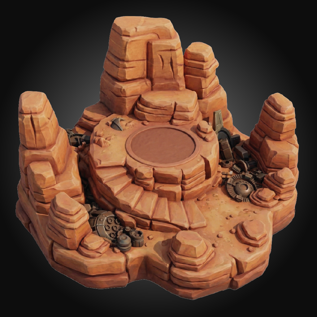 A miniature tabletop terrain piece depicting a circular stone platform surrounded by detailed orange-brown rock formations and small metallic gear accents, shown on a dark gradient background.