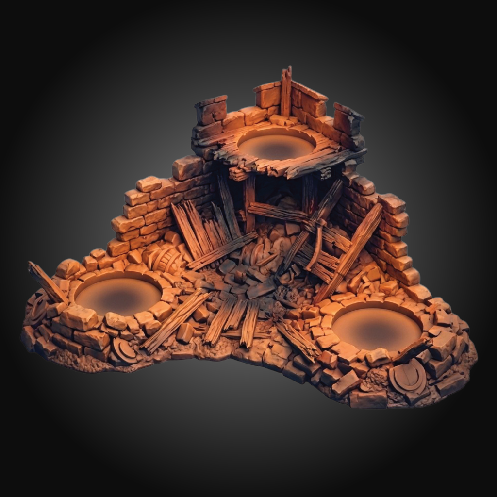 A miniature fantasy ruins terrain piece with three circular stone pits, rendered in warm brown and orange stone and wood tones against a dark vignette background.