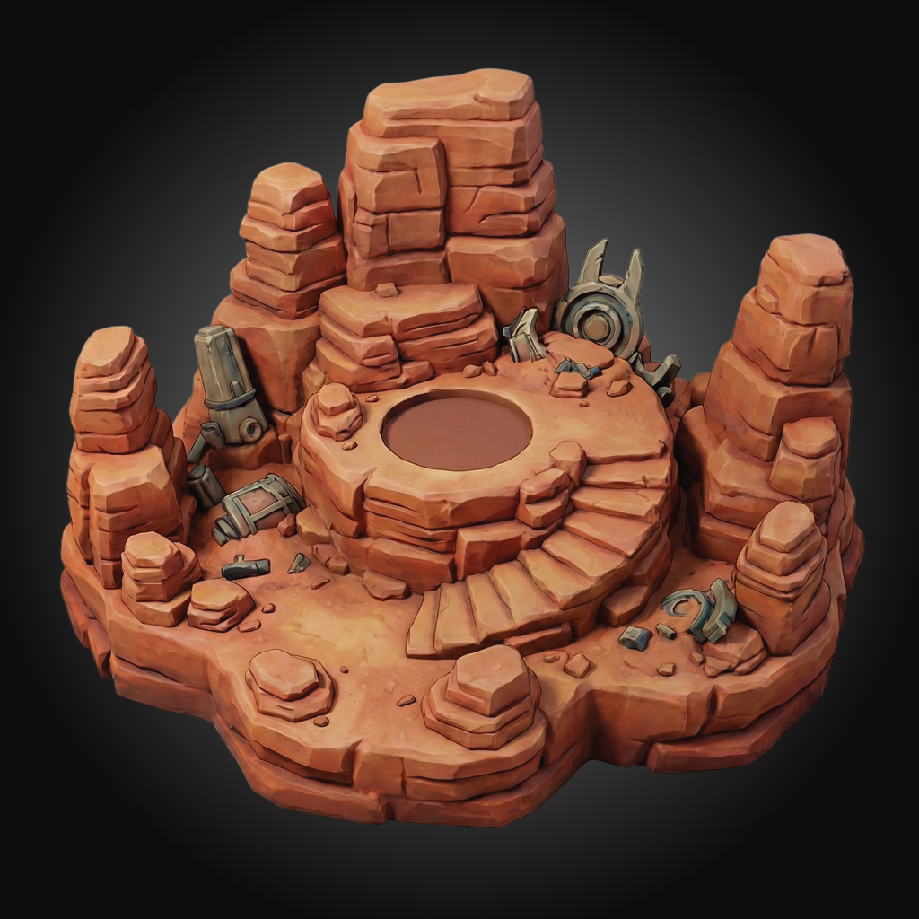 A 3D-rendered desert canyon rock formation base with a circular central pit, stair-like steps, and scattered sci-fi mechanical debris, shown on a dark gradient background.