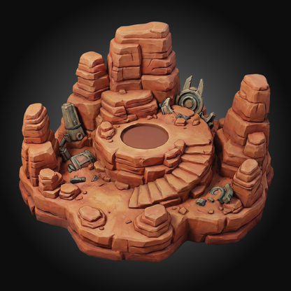A 3D-rendered desert canyon rock formation base with a circular central pit, stair-like steps, and scattered sci-fi mechanical debris, shown on a dark gradient background.