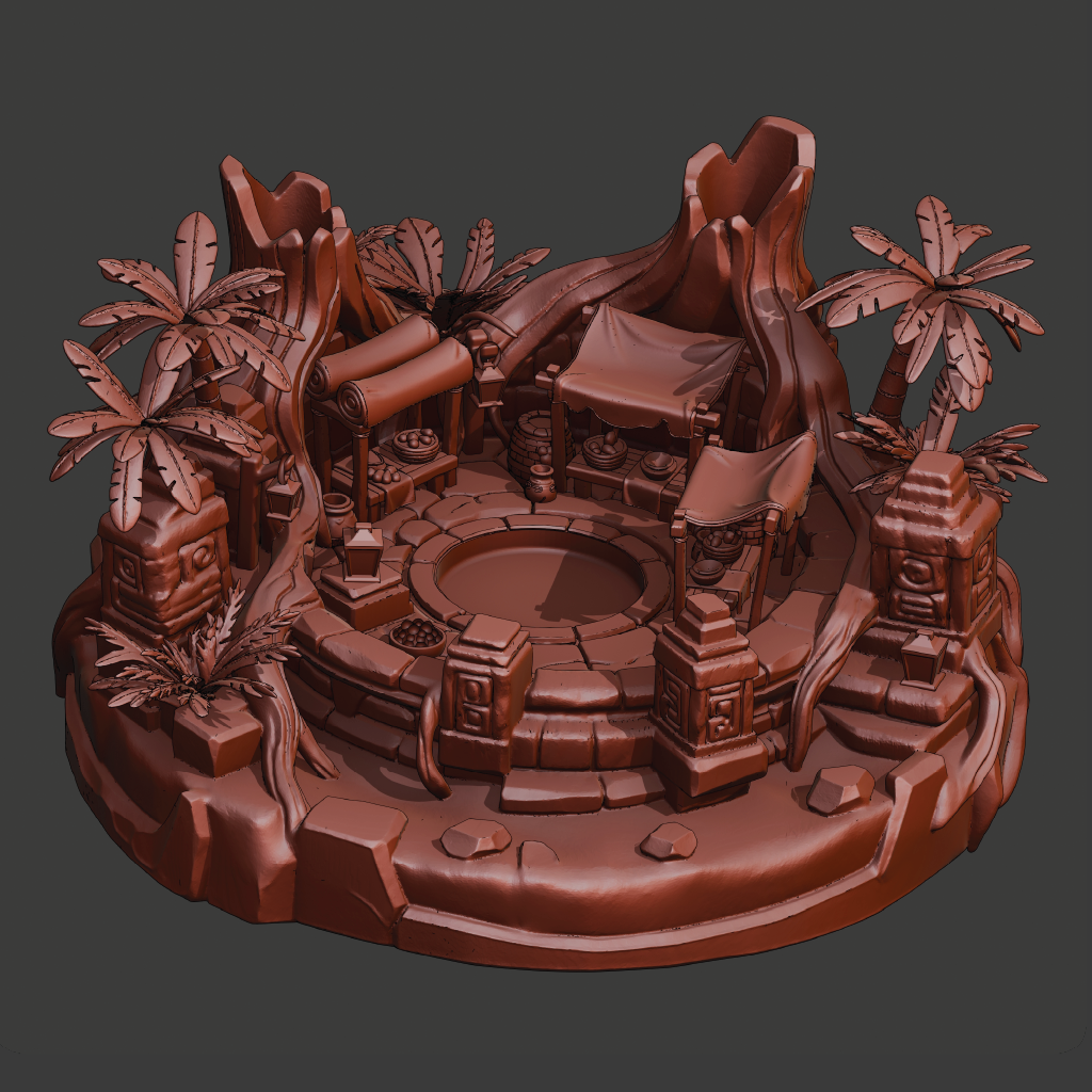 A 3D-rendered miniature fantasy jungle platform with a central circular stone pool, small canopy structures, carved stone pillars, palm trees, and rocky foliage, shown on a dark gray background.