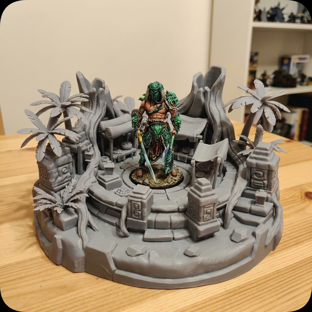A miniature fantasy tabletop gaming diorama featuring a painted warrior figurine standing in a gray jungle-themed ruin base with palm trees and stone structures, photographed on a wooden tabletop with shelves in the background.