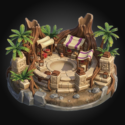 A miniature fantasy tabletop terrain piece depicting a circular stone plaza surrounded by palm trees, wooden structures with purple and cream canopies, and stone pillars on a dark background.