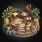 A miniature fantasy tabletop terrain piece depicting a circular stone plaza surrounded by palm trees, wooden structures with purple and cream canopies, and stone pillars on a dark background.