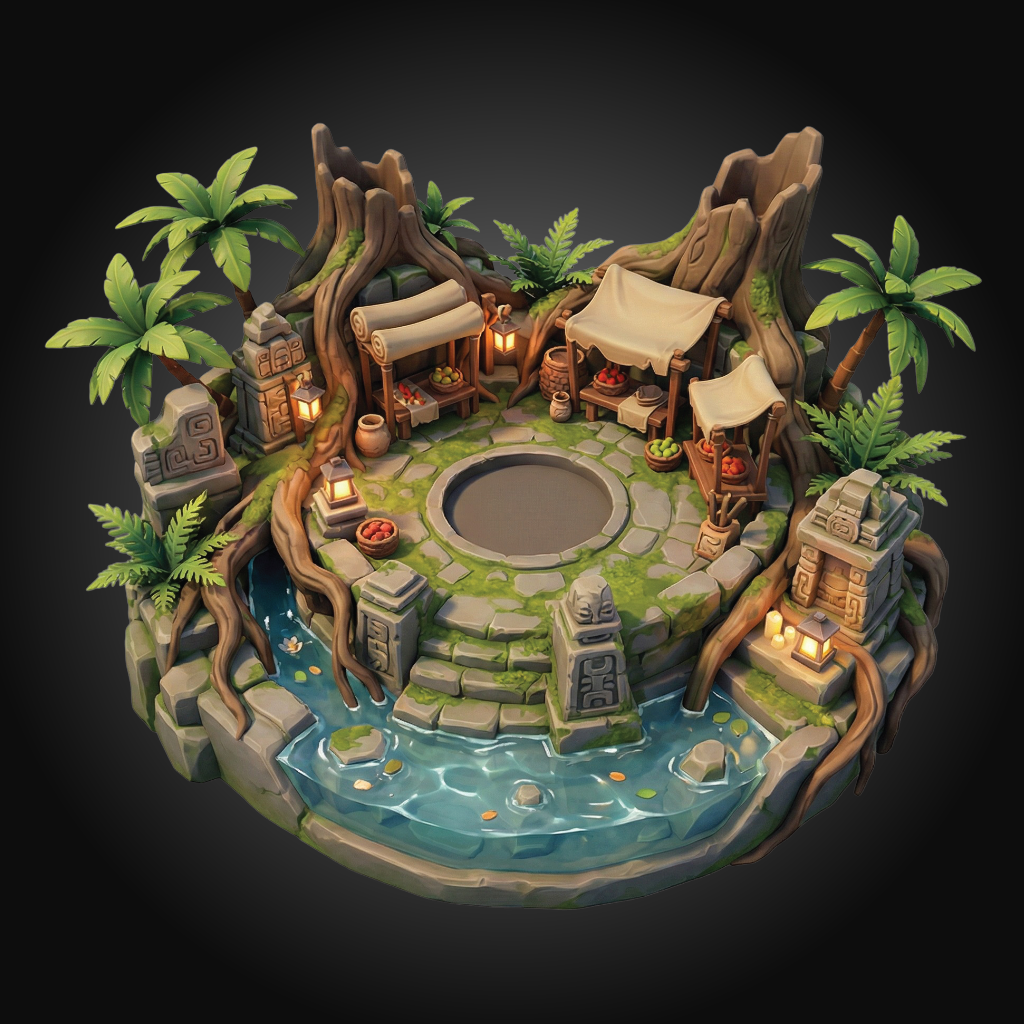 A detailed fantasy miniature diorama featuring a central stone platform with a circular pool, surrounded by a winding blue river, palm trees, stone ruins, and small market stalls with hanging canopies and warm glowing lamps, all set against a dark gradient background.