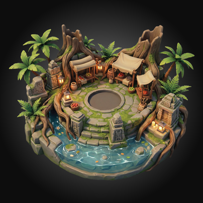A detailed fantasy miniature diorama featuring a central stone platform with a circular pool, surrounded by a winding blue river, palm trees, stone ruins, and small market stalls with hanging canopies and warm glowing lamps, all set against a dark gradient background.