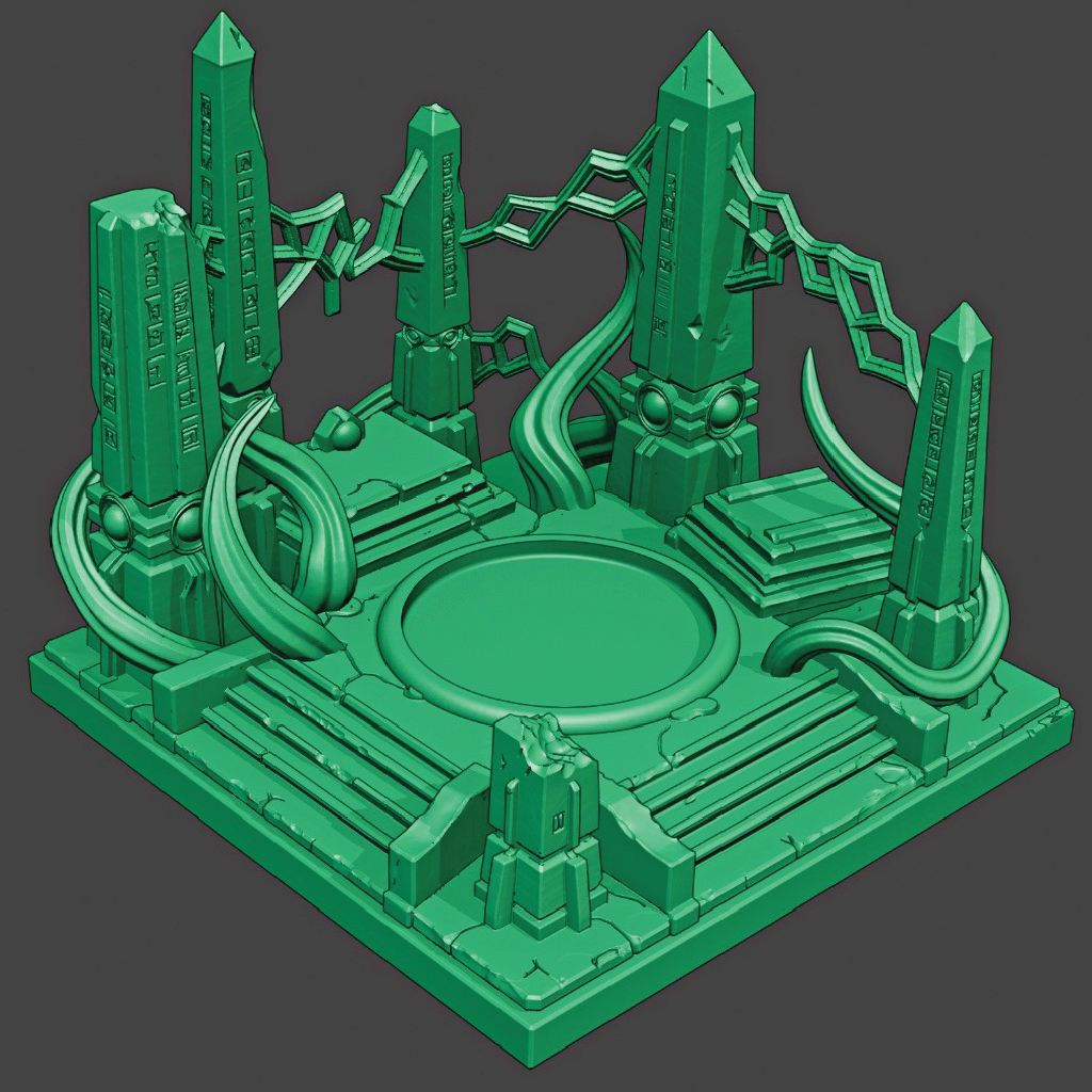 Green fantasy temple model on a dark gray background