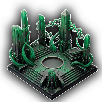 Green and black fantasy temple model on a white background