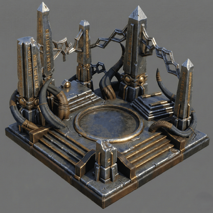 Decorative metallic sculpture with intricate design on a gray background