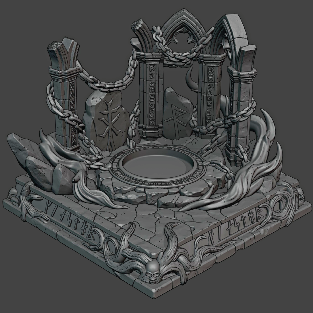 Detailed stone altar with runes and chains on a dark background