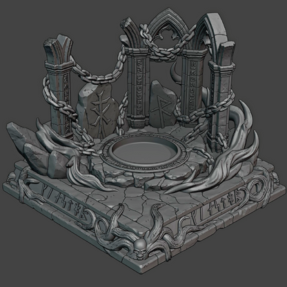 Detailed stone altar with runes and chains on a dark background