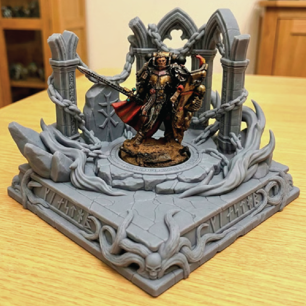 Decorative figurine with a central character on a detailed base